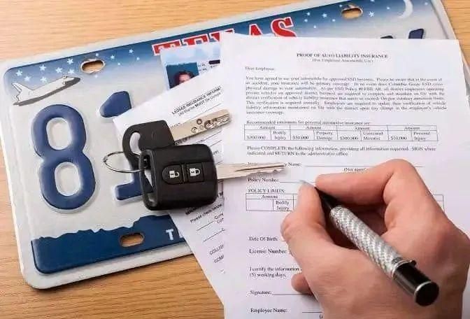 Texas license plate, car keys, and a vehicle title bond application being signed